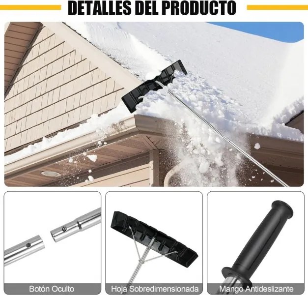 Ancinho de alumínio limpar neve regulável em altura 1,48-6,08m com 4 hastes extensíveis Limpa-neves para telhados e carros Preto + Cinzento