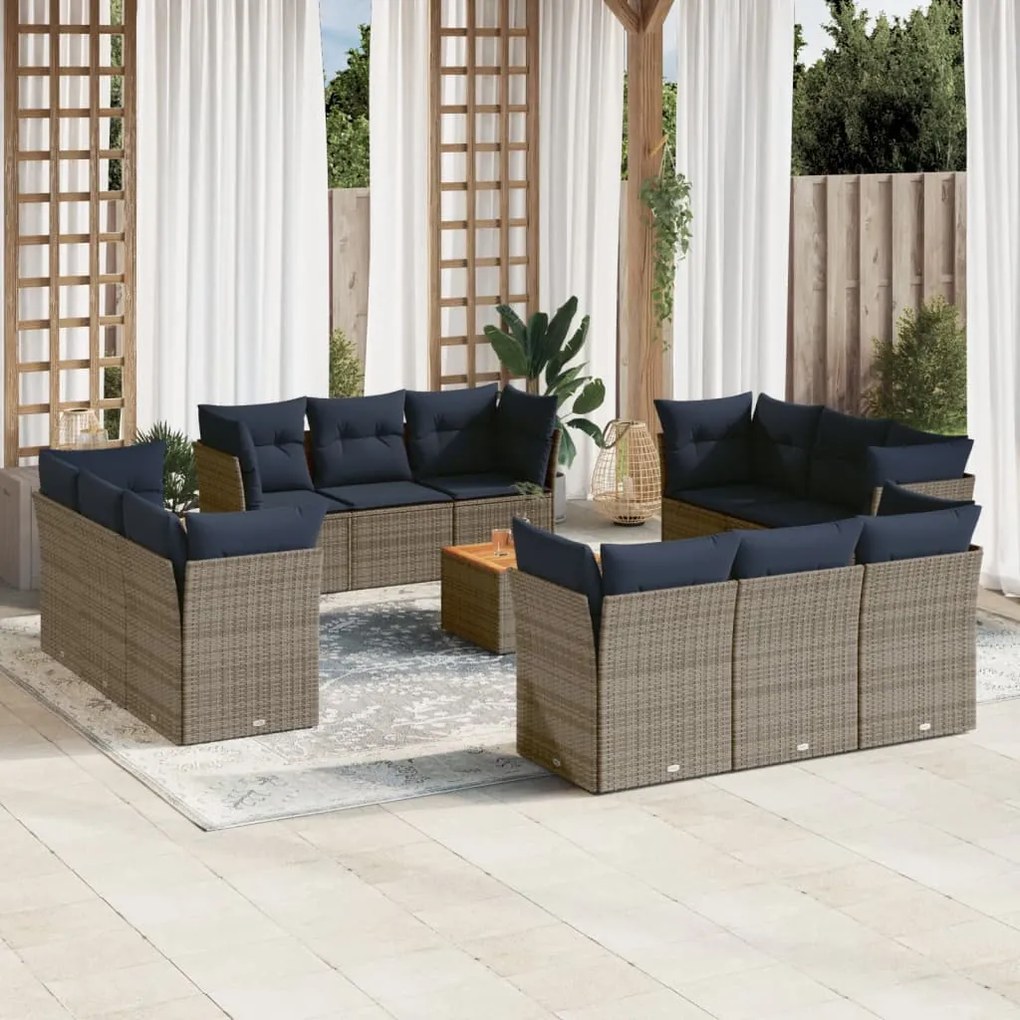 vidaXL 13 pcs conjunto sofás p/ jardim c/ almofadões vime PE cinzento