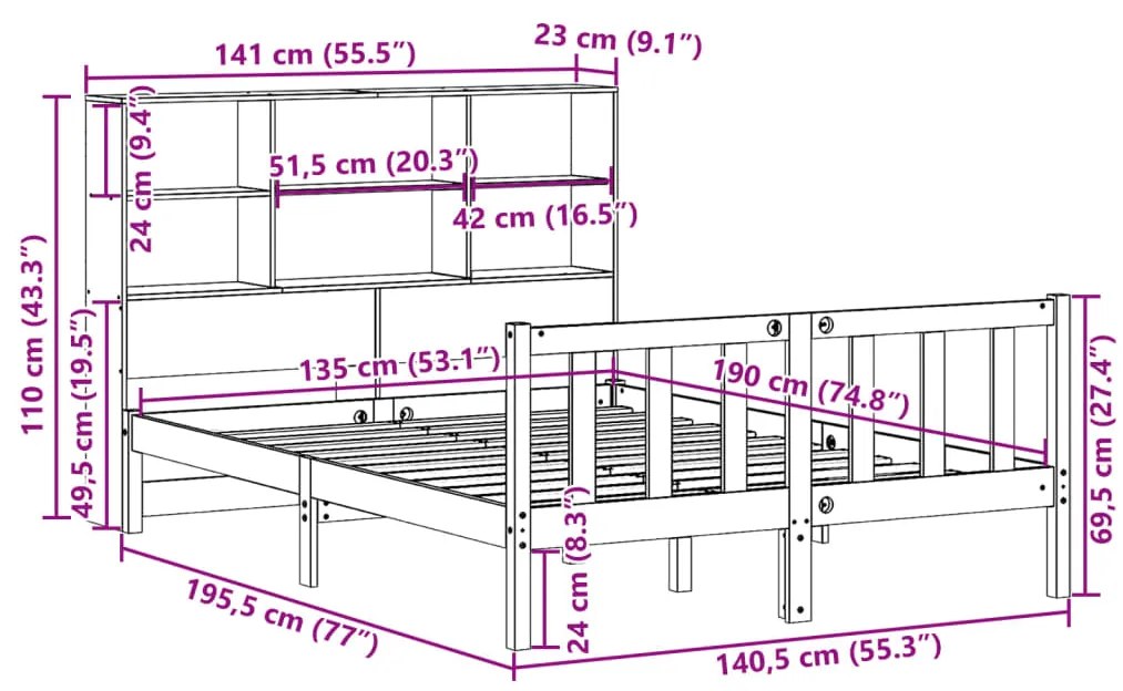 Cama com estante sem colchão 135x190 cm pinho maciço