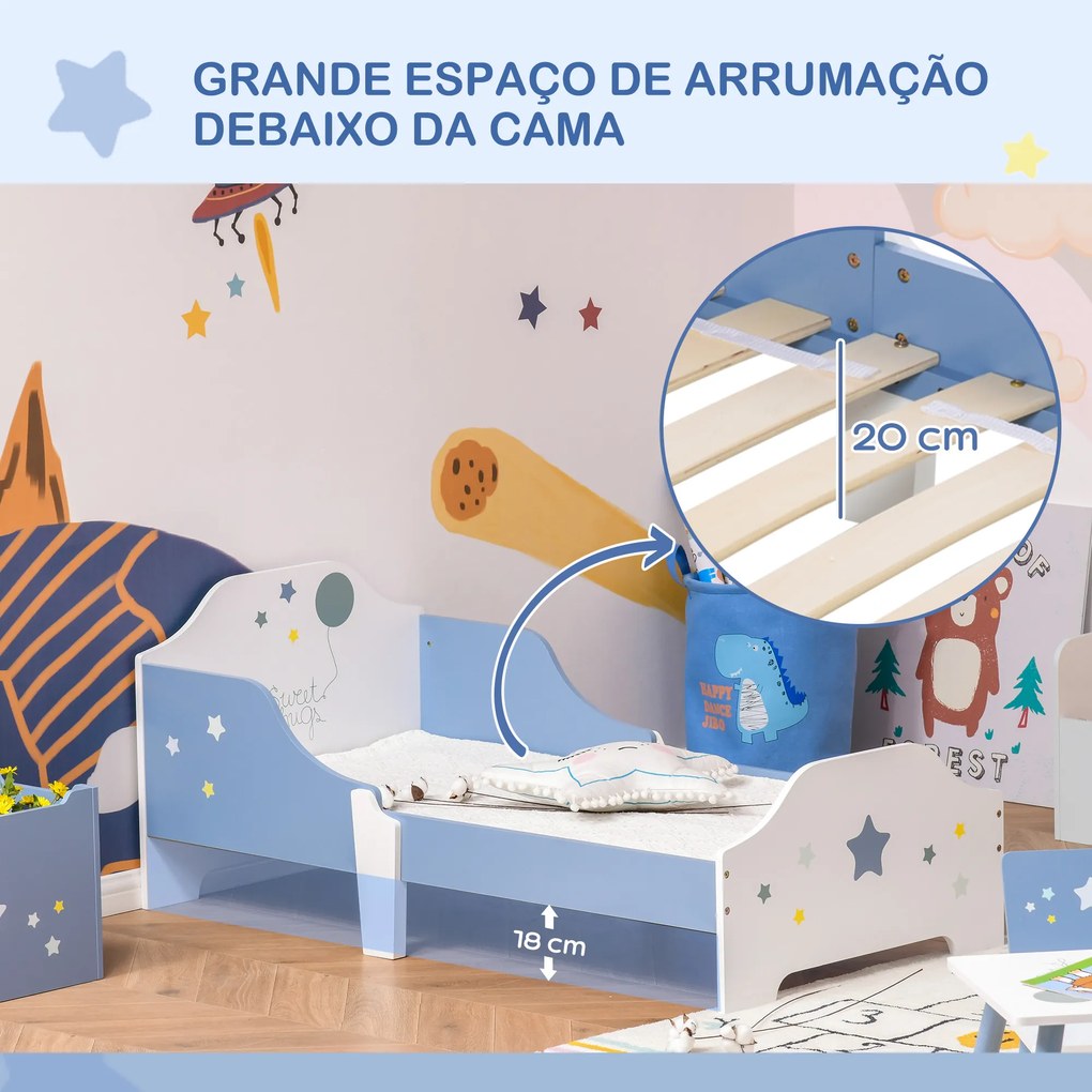Cama para Crianças 143x74x59 cm (COLCHÃO NÃO INCLUIDO) Cama Infantil com Desenho em Estrelas Carga 50 kg para Dormitório Azul e Branco