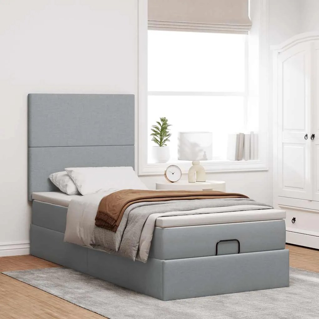 Cama otomana com colchão 100x200 cm tecido cinzento claro