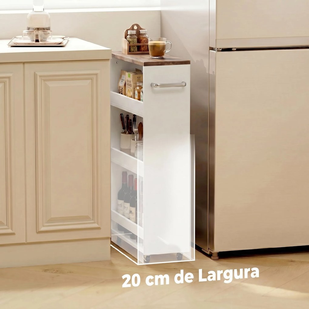 Carrinho de Cozinha Estreito de 3 Níveis com Rodas para Espaços Reduzidos, Sala de Jantar ou Sala, Branco