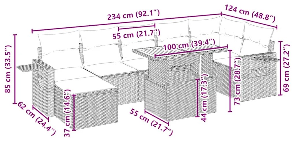 8 pcs conjunto de sofás p/ jardim com almofadões vime PE bege