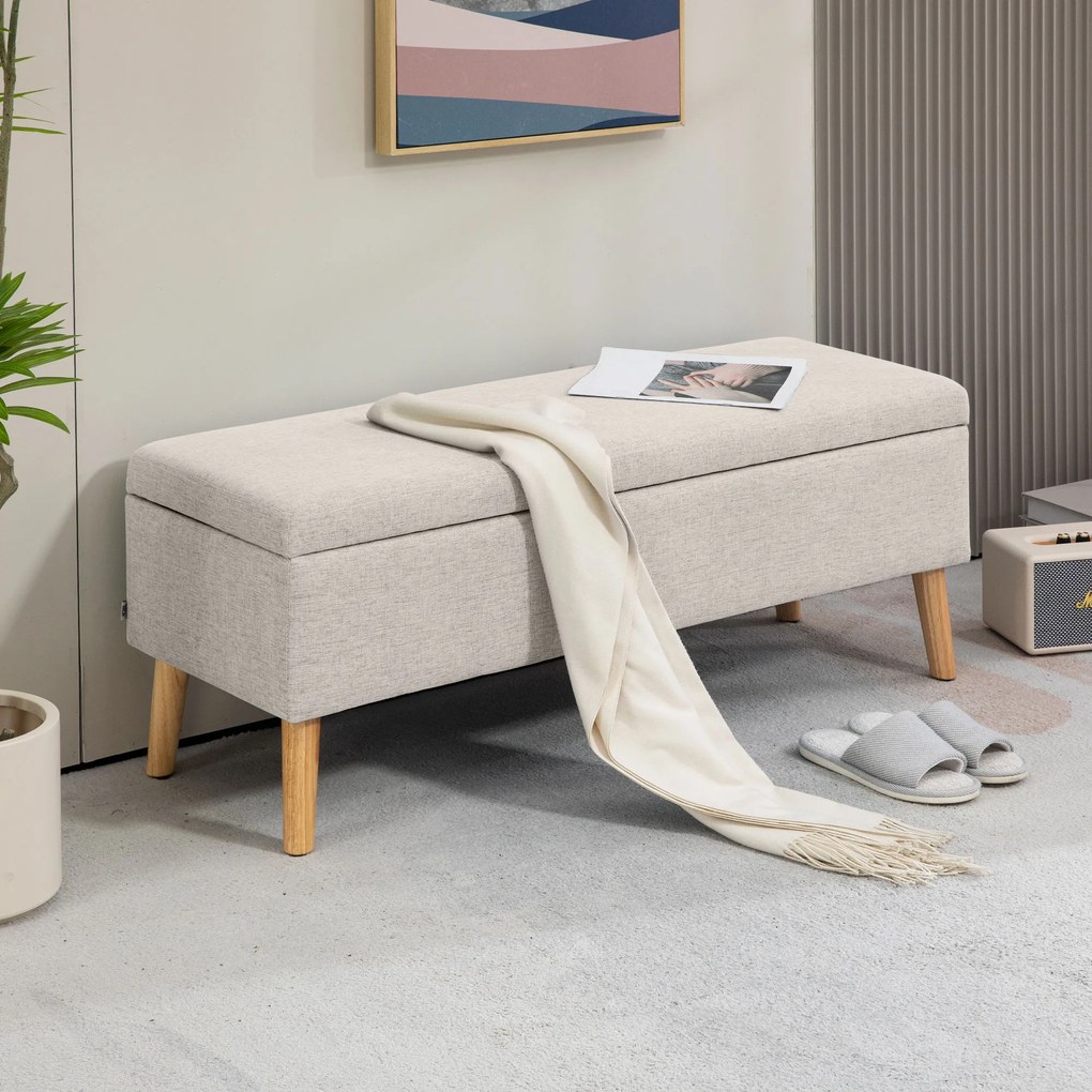 Banco com arrumação estofado com aspeto de linho para quarto, entrada ou sala de estar, capacidade de 220 Kg, 110 x 39 x 45 cm, bege