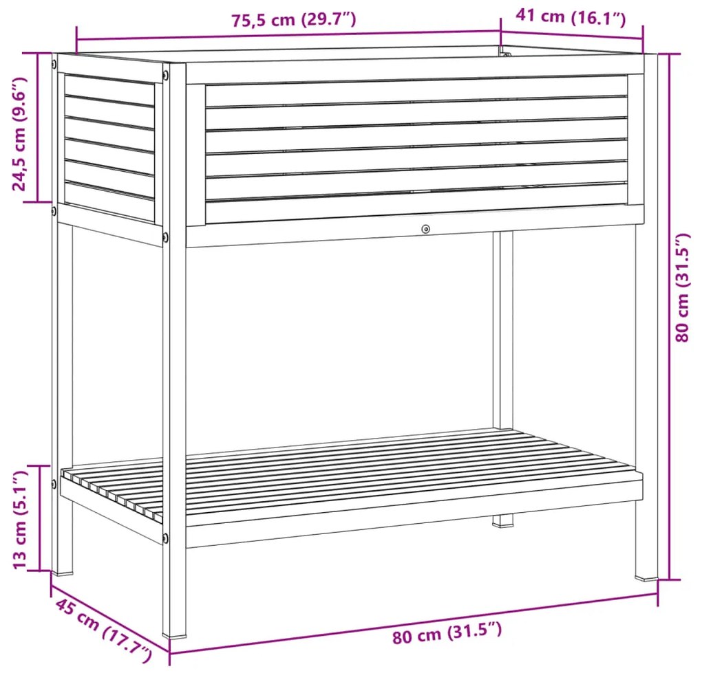 Vaso/floreira jardim c/ prateleira 80x45x80cm acácia maciça/aço