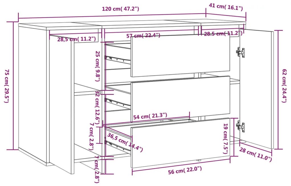 Aparador com 3 gavetas 120x41x75 cm derivados de madeira branco