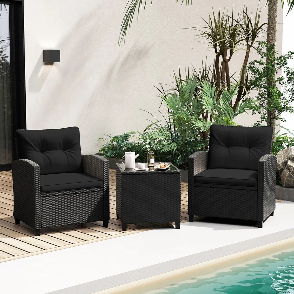 Conjunto de móveis de jardim de 3 peças de rattan com almofadas de assento e encosto e Mesa de centro de vidro temperado preto / preto