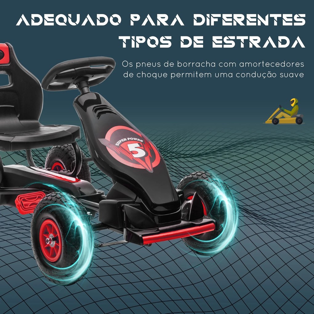 HOMCOM Kart a Pedais para Crianças 5-12 Anos Kart a Pedais Infantil com Assento Ajustável Pneus Insufláveis Amortecimento e Travão de Mão Carga Máx. 50kg 121x58x61cm Vermelho