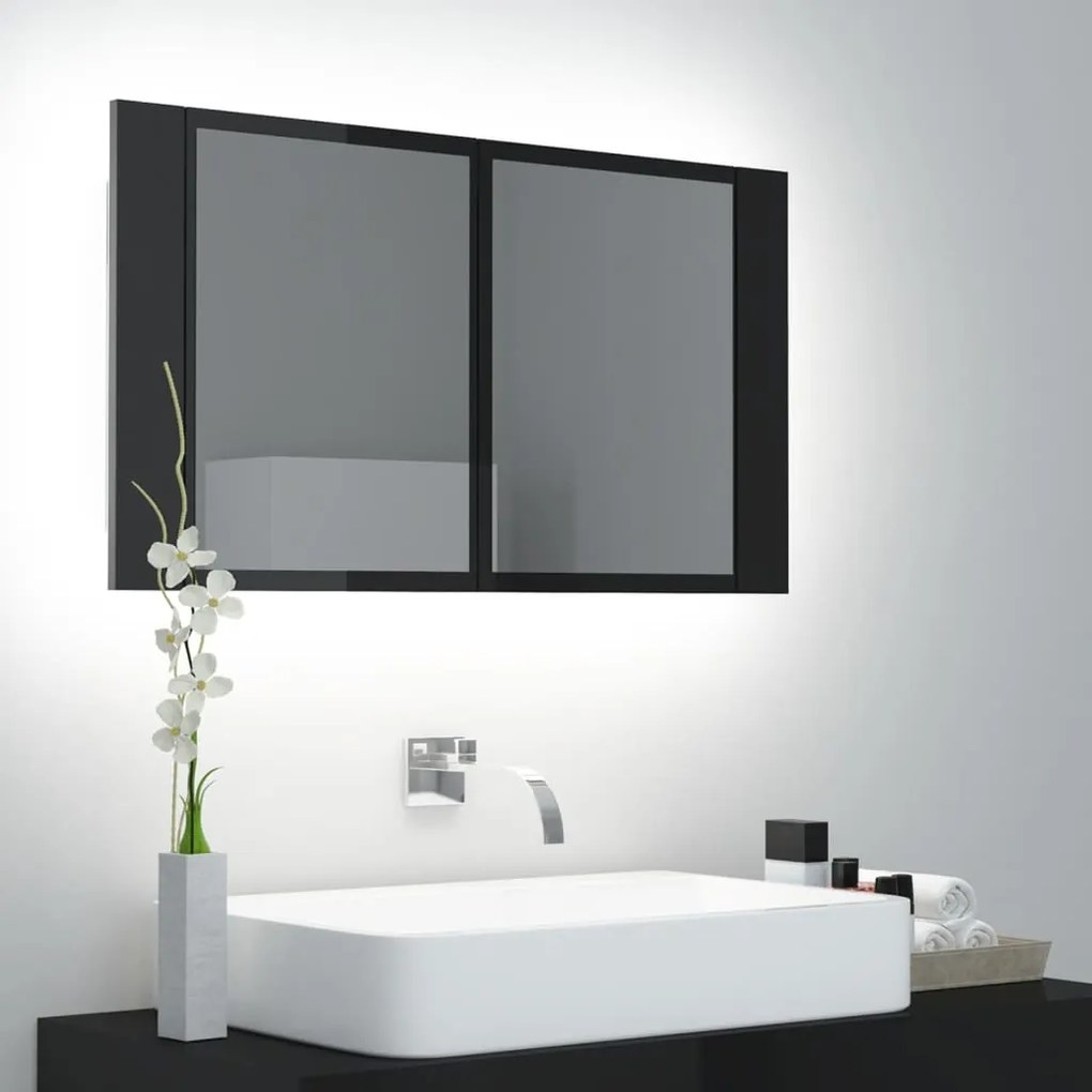 804970 vidaXL Armário espelhado casa de banho LED acrílico preto brilhante