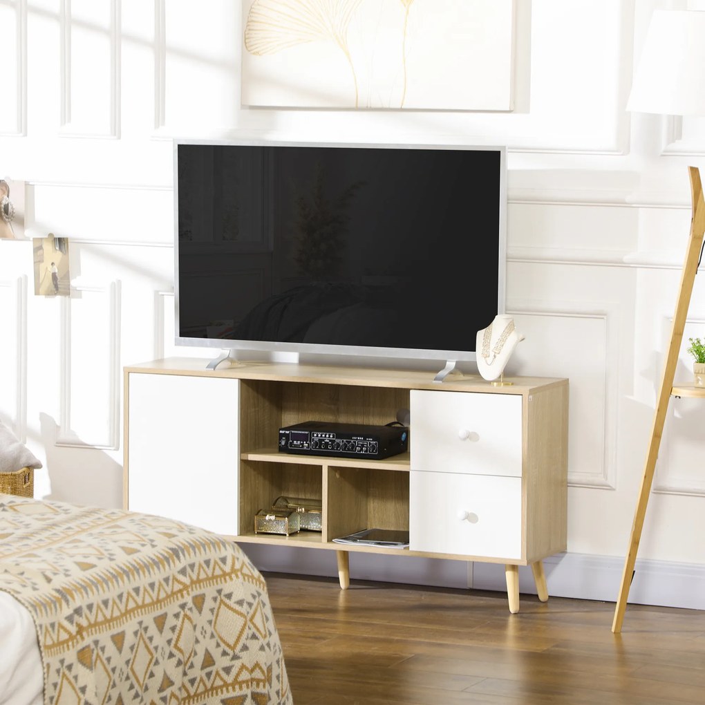 Móvel para televisão até 45 polegadas, com pés em madeira maciça, 120 x 30 x 60 cm Branco e Natural