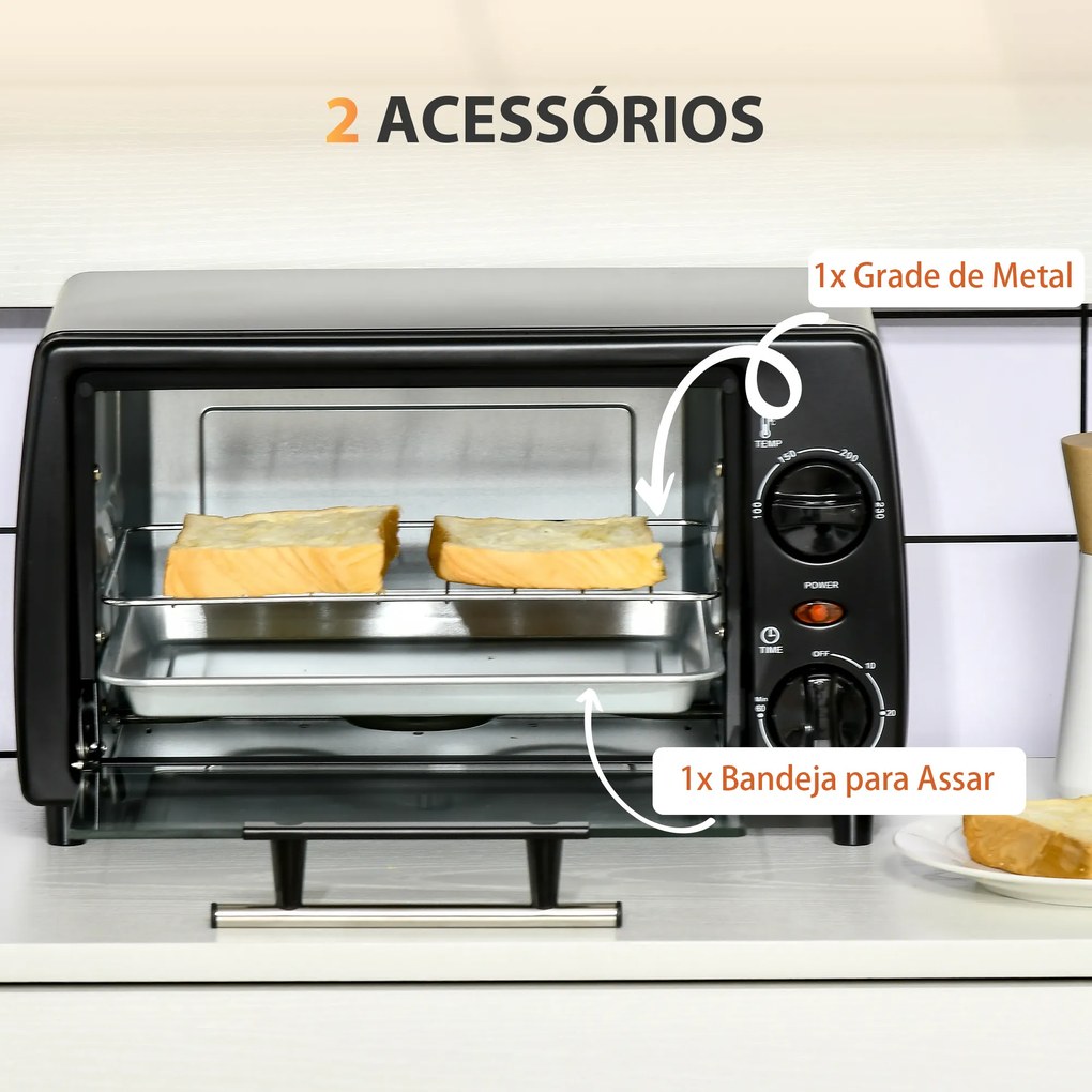 Mini Forno Elétrico 10 Litros 750W com Temperatura até 230°C Temporizador 60 Minutos Bandeja e Grade 36,5x26x22cm Preto