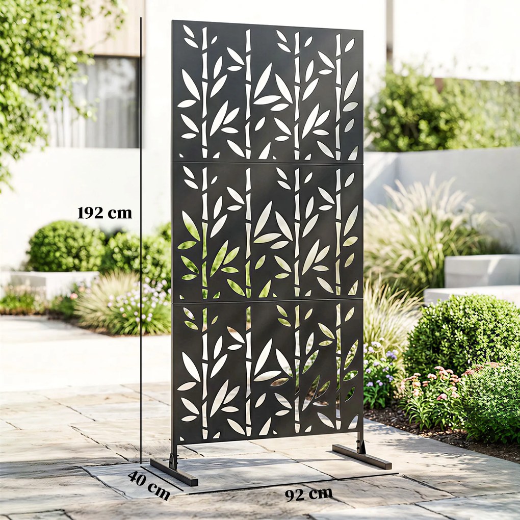 Biombo decorativo de proteção visual para exterior 92 x 40 x 192 cm, claustra decorativa para jardim, 3 painéis com padrão de bambu em metal, preto