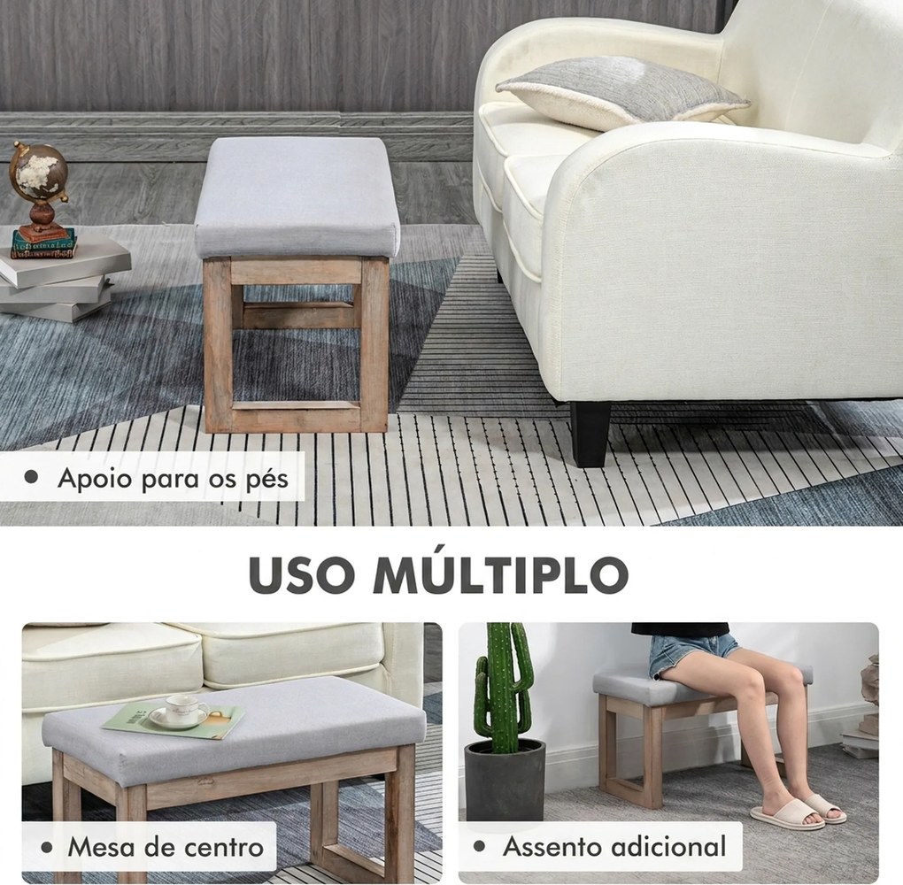 Pousa-pés para Sala de Estar, Banco Baixo Estofado em Linho Sintético com Estrutura de Madeira, Cinzento