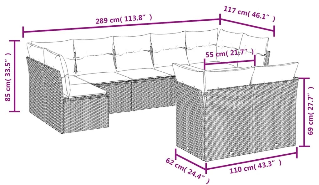 9 pcs conj. sofás jardim com almofadões vime PE cinzento-claro