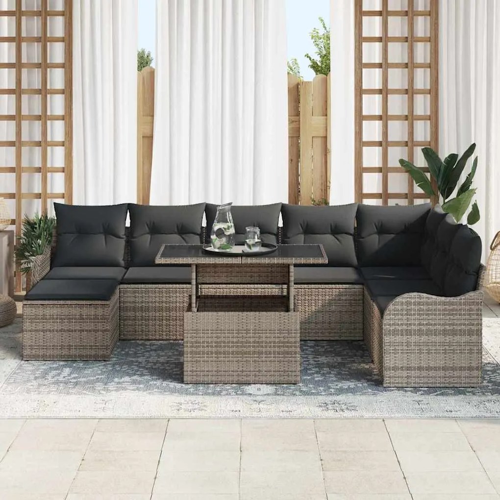 Conjunto de Sofá de Jardim de 9 Peças com Almofadas Cinza Vime Polirat