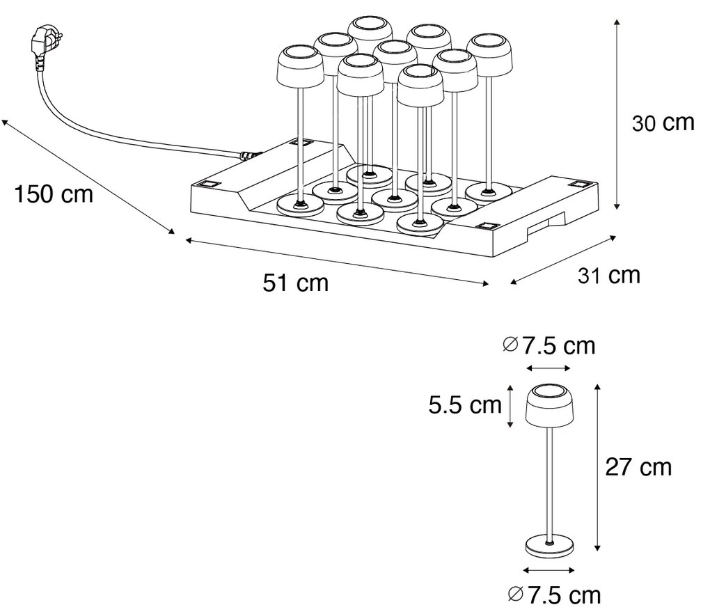 LED Conjunto de 9 candeeiros de mesa recarregáveis cogumelo branco-quebrado incl. estação de carregamento - Raika Moderno