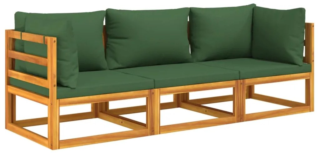 3 pcs conj. lounge jardim madeira c/almofadões verdes