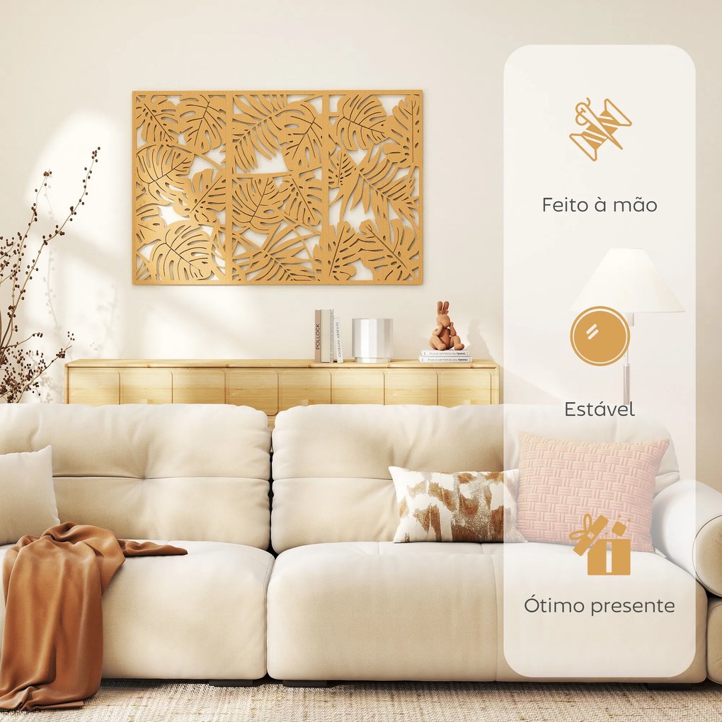 Decoração de Parede de Madeira 3D 3 Peças 40x80 cm Adornos com Padrão de Folhas Tropicais Madeira