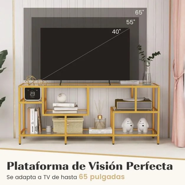 Móvel para TV até 65'' Retangular 147 x 40 x 62 cm ou Mesa apoio com Estantes de Vidro Temperado Centro de Entretenimento para Sala de Estar Dourada