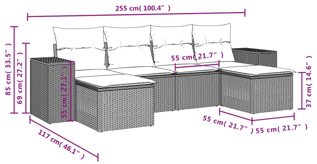 6 pcs conjunto de sofás jardim c/ almofadões vime PE castanho