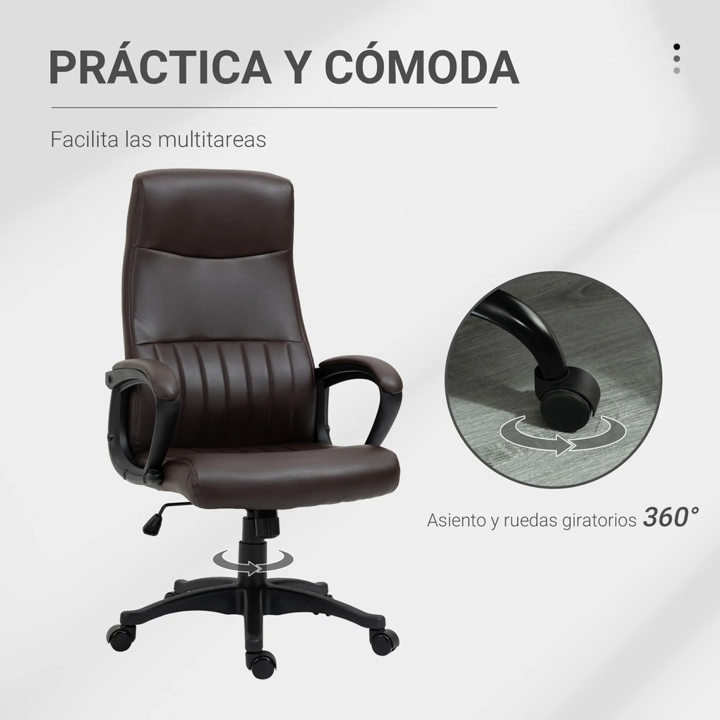Vinsetto Cadeira de Escritório Ergonômica Cadeira de Escritório Basculante e Giratória 360° com Altura Ajustável Encosto Alto e Apoio para os Braços Pele Sintética 61,5x66x113-123cm Marrom