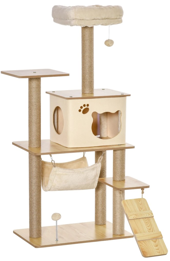 PawHut Árvore Arranhadora para Gatos Torre de Escalada com Plataformas Rede Escada Caverna Postes para Arranhar de Juta Bola Supensa e Descanso 60x40x130cm Bege