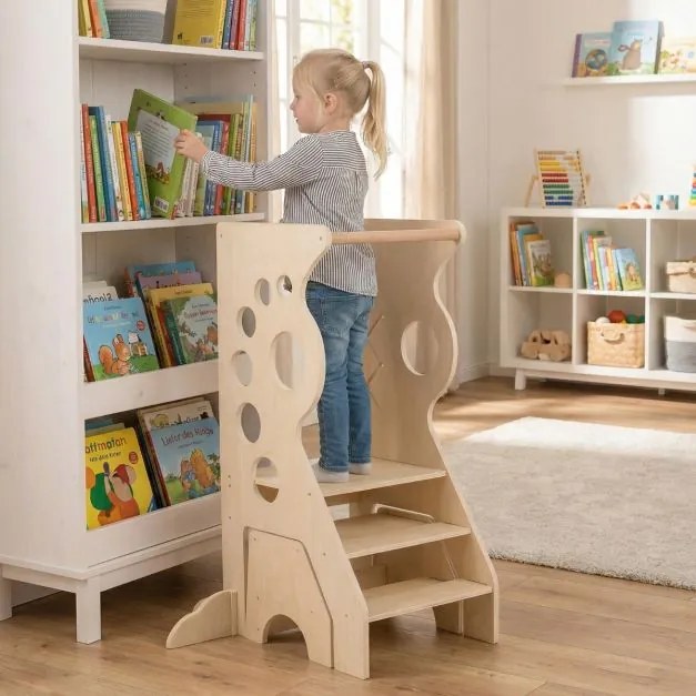 Banco de cozinha infantil 72 x 59 x 90,5 cm Torre de aprendizagem 2 em 1 com barras de segurança e 2 degraus para crianças +3 anos Natural