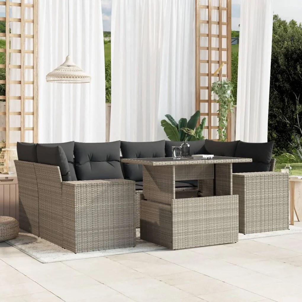 vidaXL 7 pcs conj. sofás jardim com almofadões vime PE cinzento-claro