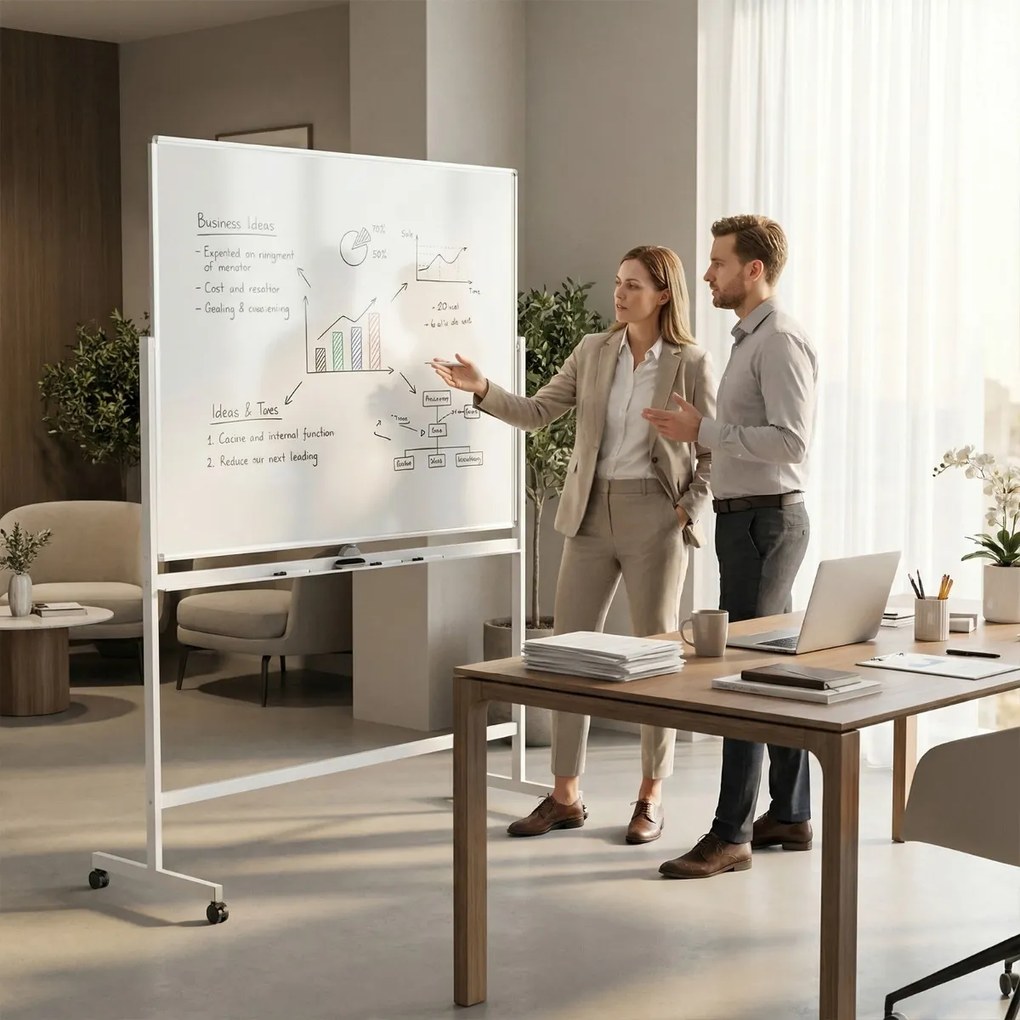 Quadro magnético 156 x 54 x 195/215 cm dupla face móvel com suporte ajustável e rodas bloqueáveis para escritório, casa e sala de aula Branco
