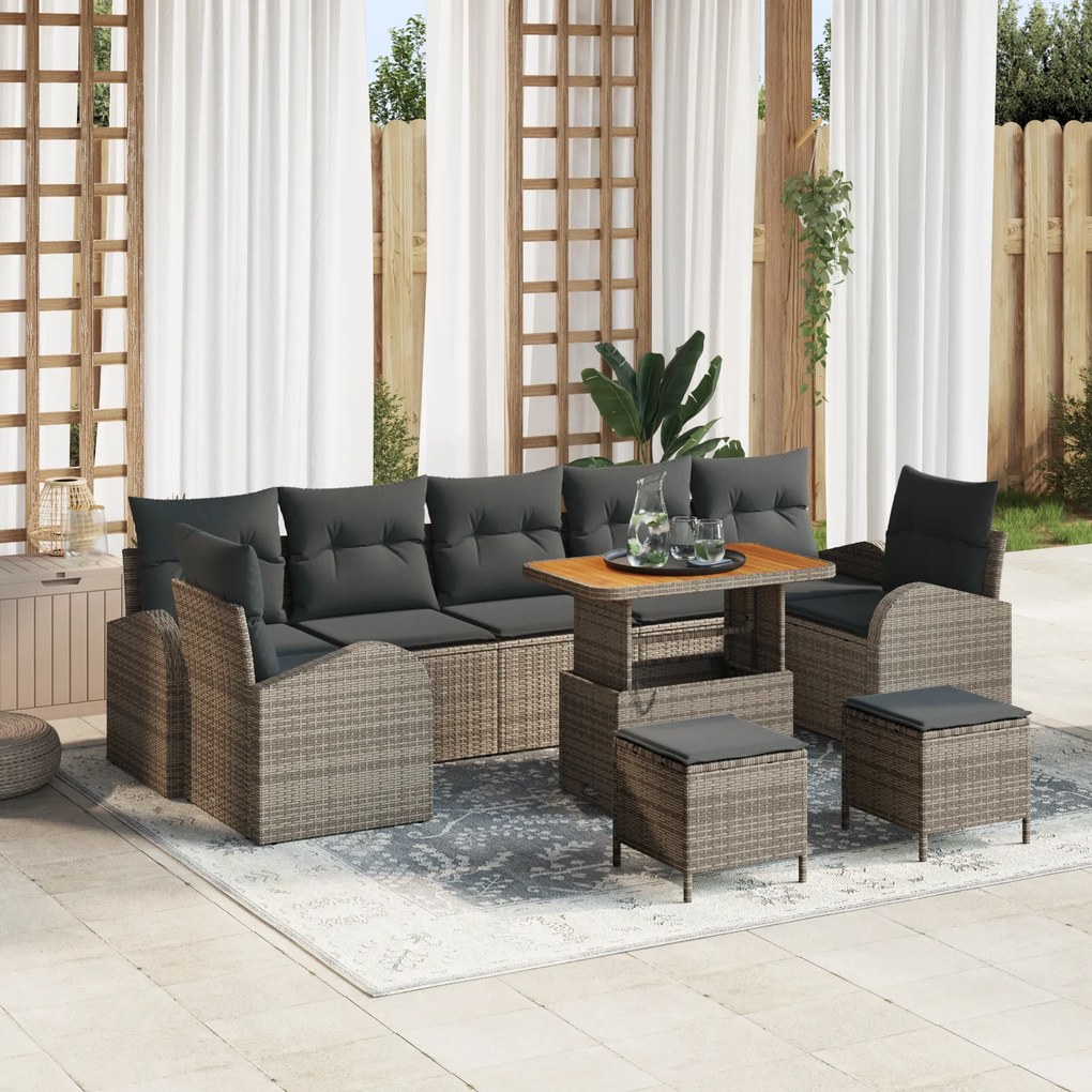 Conjunto de Sofás de Jardim de 10 Peças com Almofadas Cinza Rattan PE Acácia