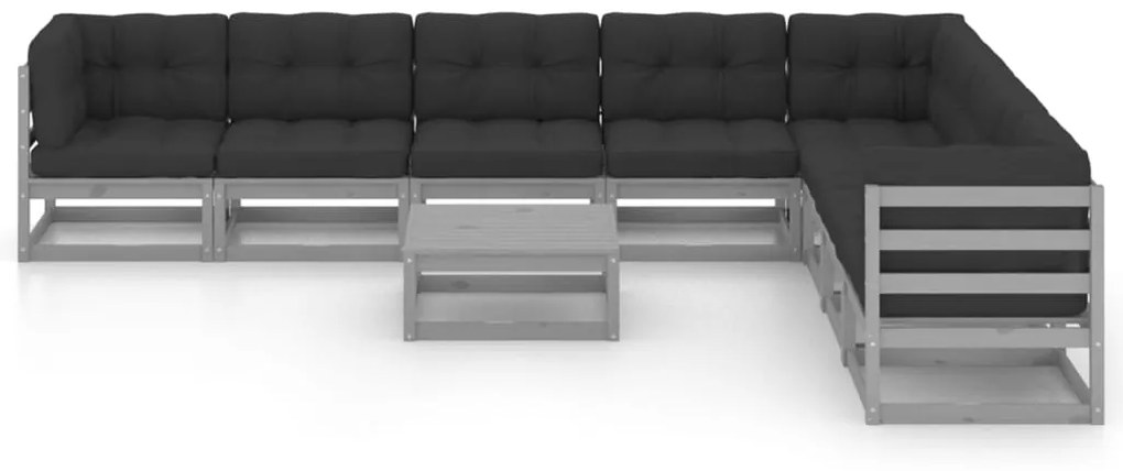 9 pcs conjunto lounge de jardim + almofadões pinho maciço cinza
