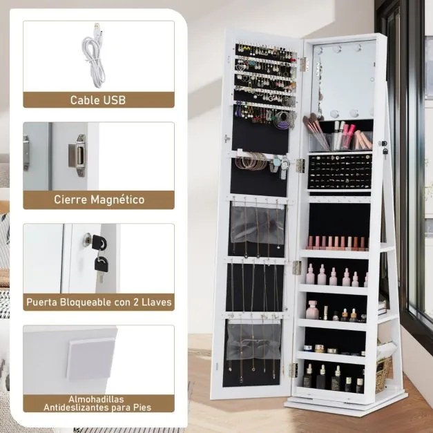 Armário giratório de 360° para joias com espelho de corpo inteiro 43 x 38 x 160 cm e prateleiras Espelho de maquilhagem Branco