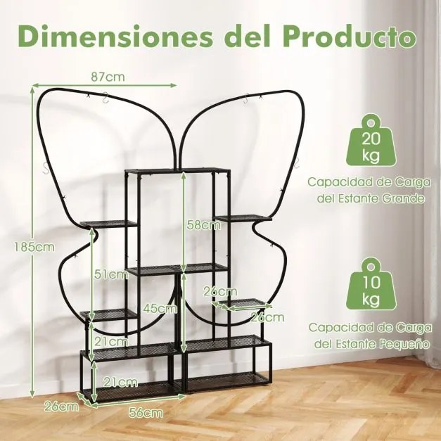 Suporte para plantas de metal 56 x 26 x 185 cm com 6 níveis, 12 prateleiras de malha metálica e 4 ganchos preto