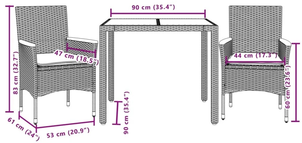 3 pcs conjunto jantar jardim com almofadões vime PE/vidro bege