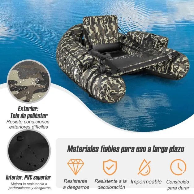 Barco de pesca Insuflável Suporte de cana Bolsos de vara Remo Bomba portátil Barco de pesca Carga 150 kg Camuflado