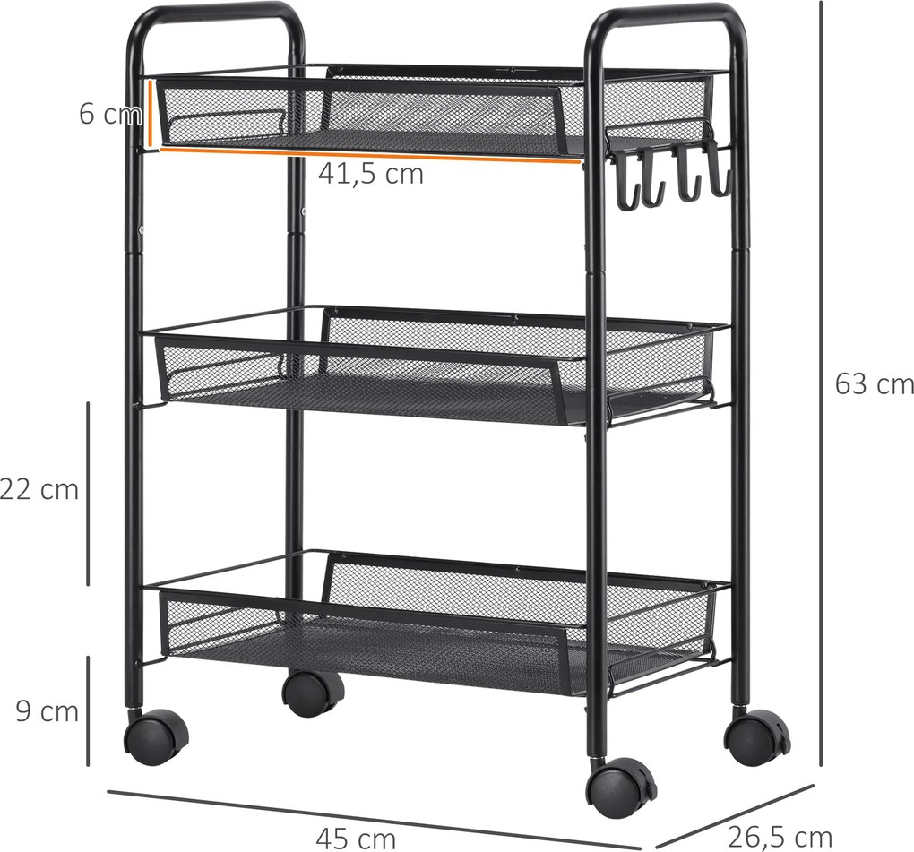 Carrinho cozinha de 3 níveis de arrumação com cestos de serviço com rodas, 45 x 26,5 x 63 cm, preto