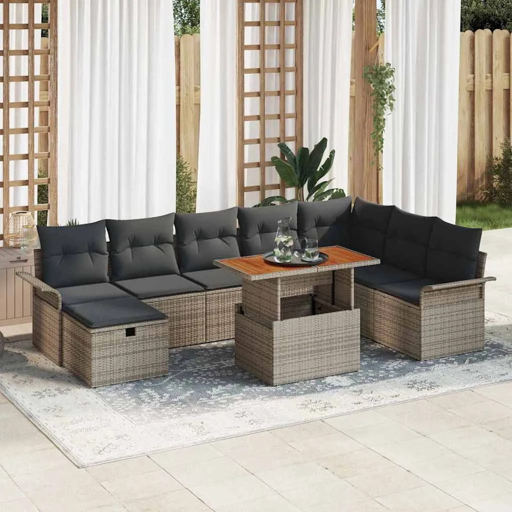 Sofá de Jardim 9 peças com almofadas cinzas em rattan sintético