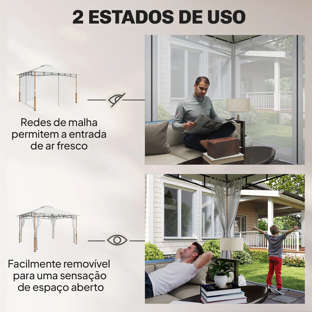 Pérgola para Jardim 3x3,6 m com Telhado Duplo Paredes de Rede UPF50+ Estrutura Metálica Creme e Teca