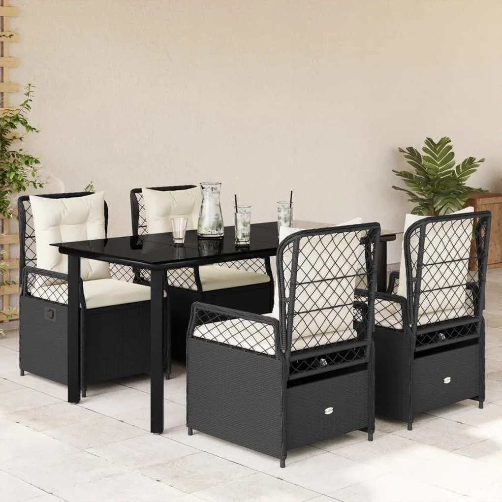 5 pcs conjunto de jantar p/ jardim c/ almofadões vime PE preto