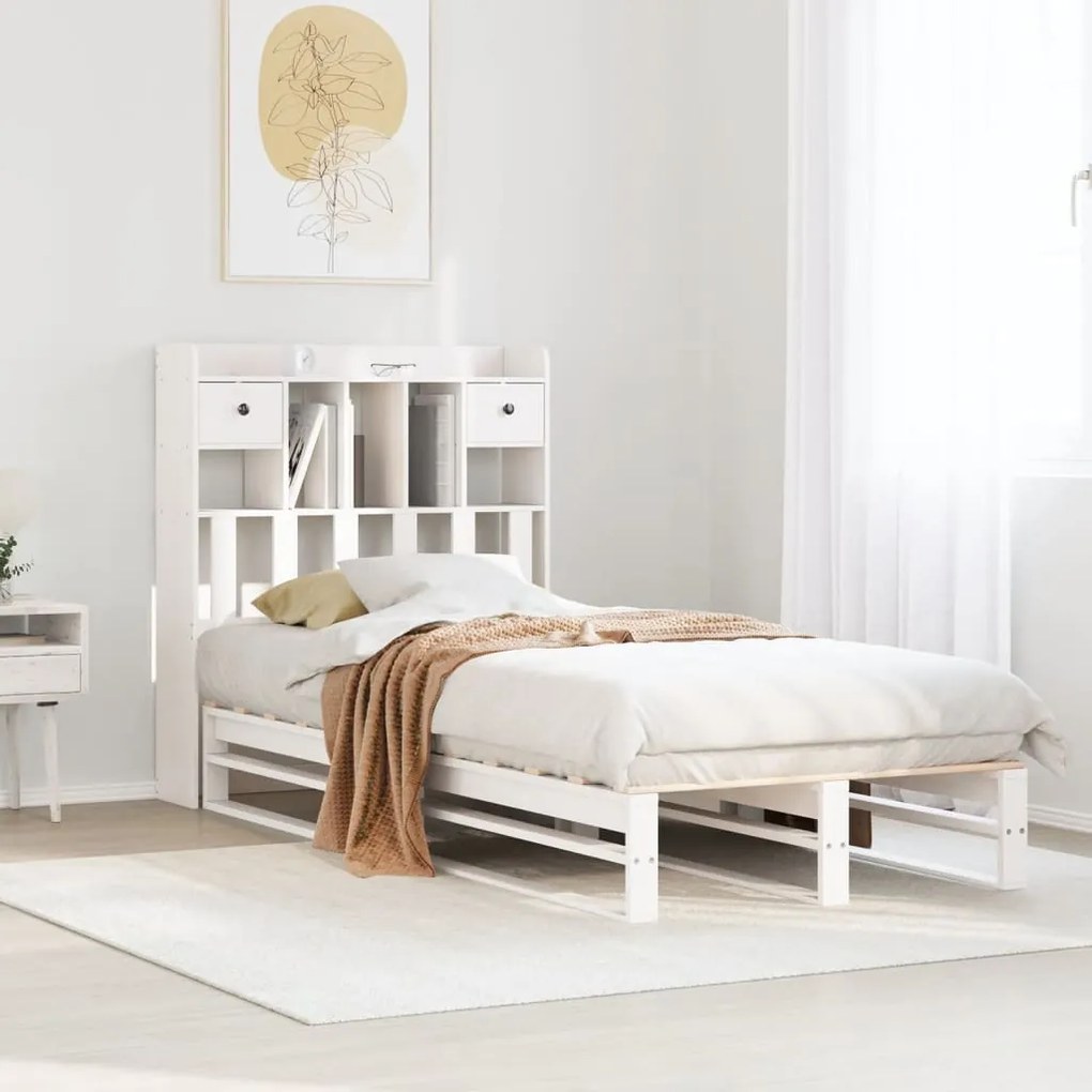 Cama com estante sem colchão 90x200 cm pinho maciço branco