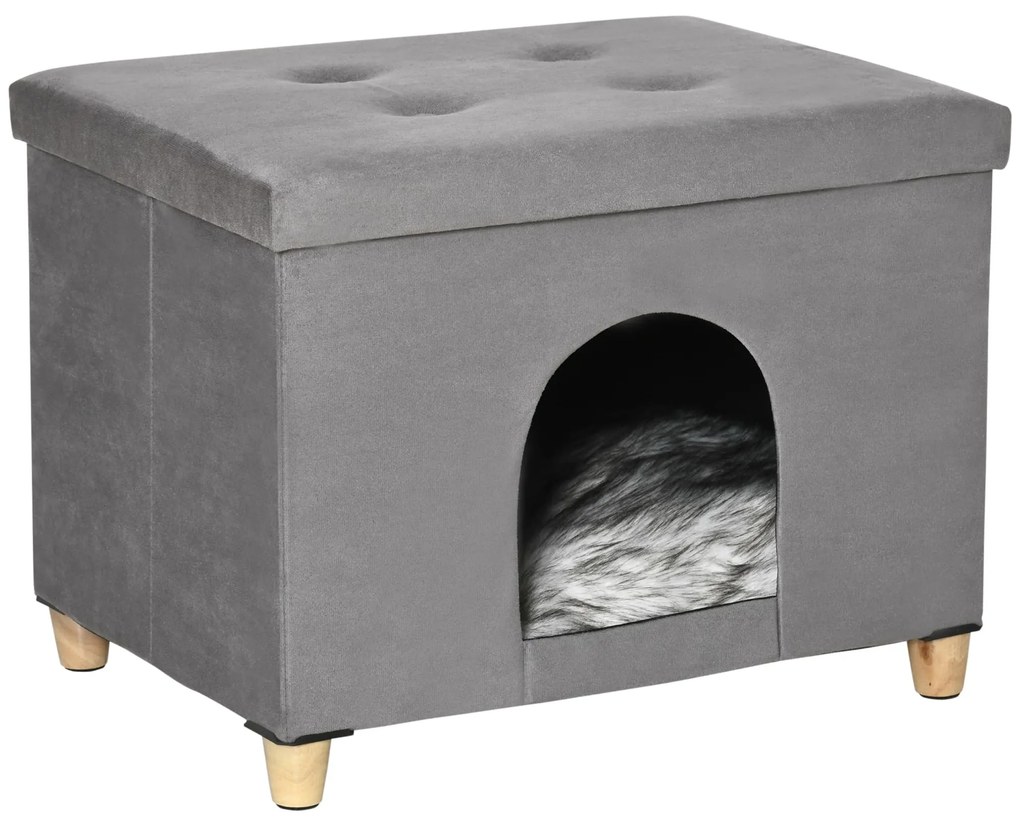 PawHut Caverna Felinos Dobrável 2 em 1 Banco Apoio Pés Tampa Removível Confortável Orifício 60x45x44,5cm Cinza