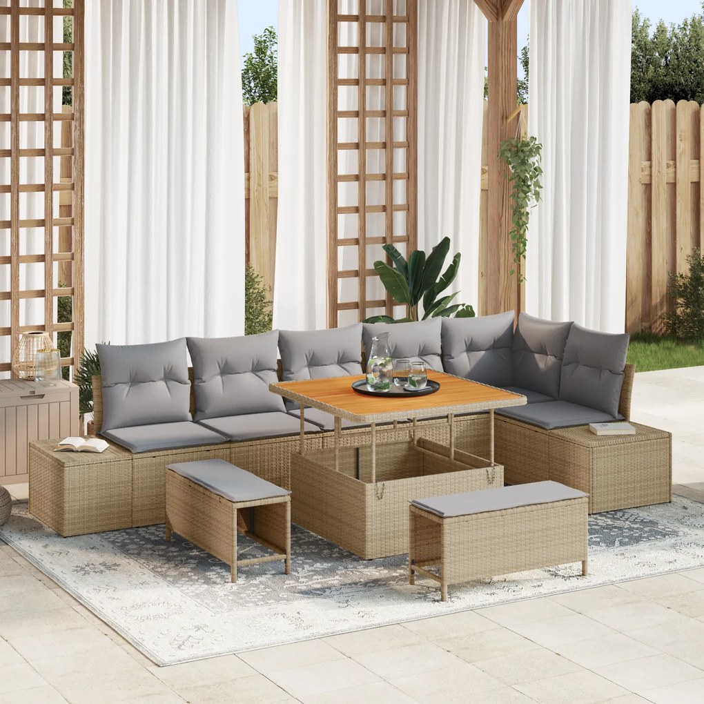 Conjunto de Sofá de Jardim vidaXL de 9 Peças com Almofadas Bege Rattan Poliéster Acácia