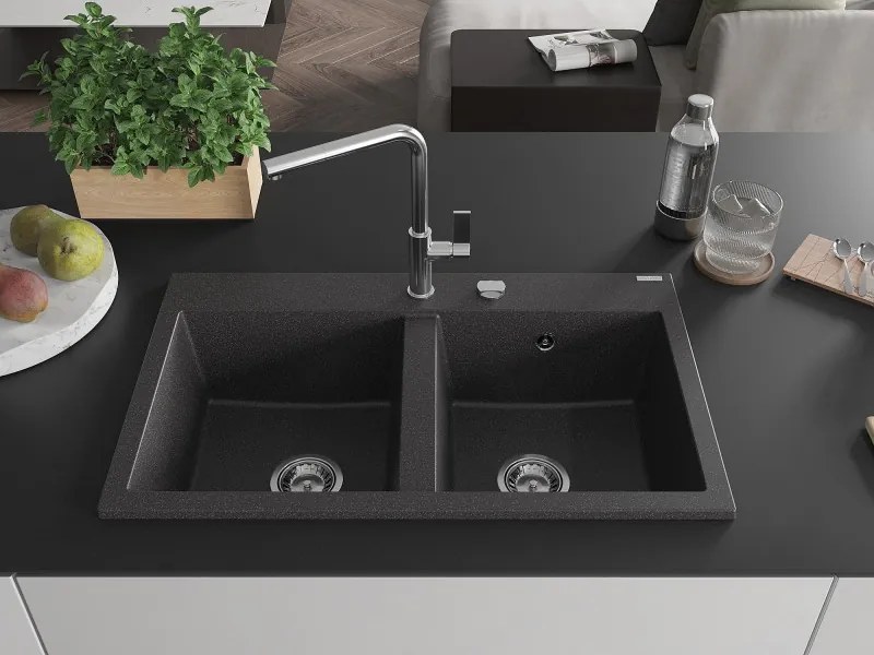 Mexen Hektor lava-loiça de granito 2-cubas 800 x 480 mm, preto salpicado, sifão cromado - 6521802000-76