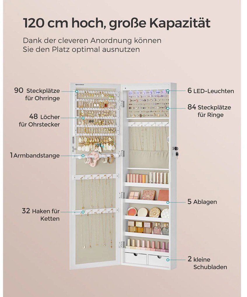 Armário de jóias com espelho suspenso para montagem na parede 37 x 10 x 120 cm Branco + bege