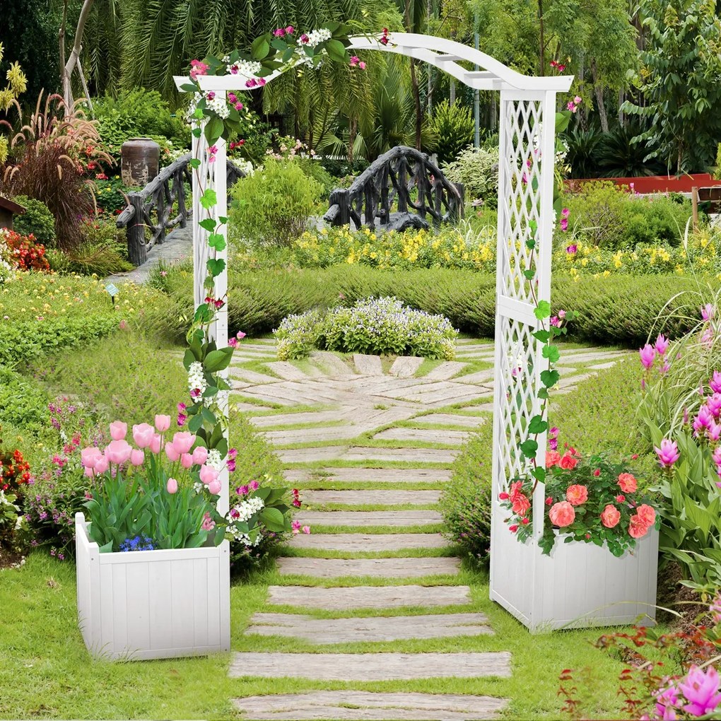 Arco de jardim com arco de madeira com floreira com treliça para plantas trepadeiras decorações para cerimônia de casamento 183x42x200cm branco