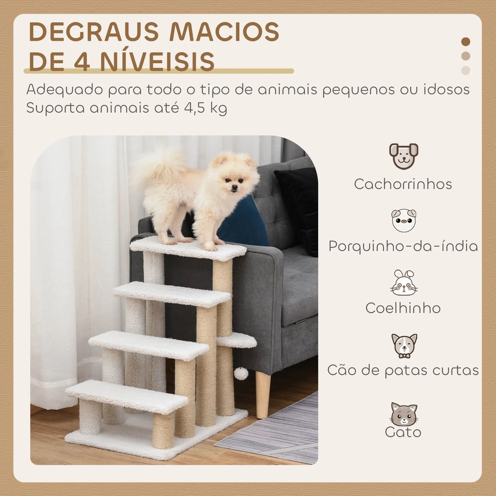 Escada para Gatos de 4 Níveis Coberta de Pelúcia Suave Poste de Juta Bola Pendurada Arranhador para Gatos 60x40x64 cm Branco