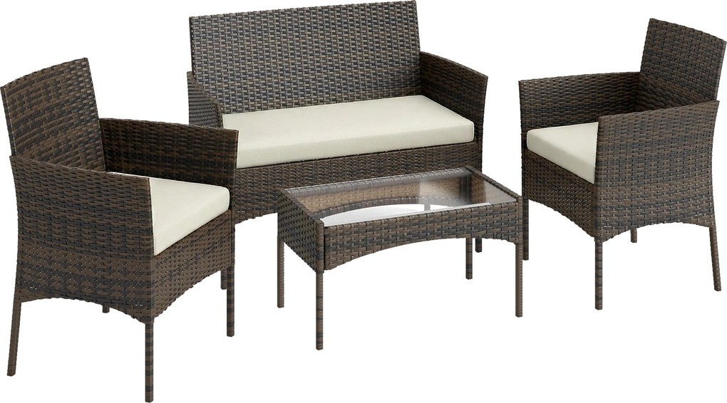 Outsunny Conjunto de Jardim em Vime com Almofadas Móveis de Exterior com 2 Poltronas Sofá de 2 Lugares Mesa com Vidro Castanho e Bege | Aosom Portugal