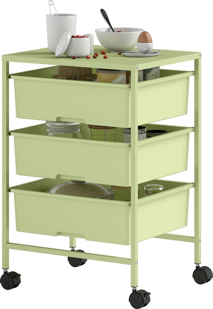 Carrinho Auxiliar com Rodas Carrinho de Cozinha de 3 Níveis com 3 Cestos e Estrutura de Aço 40,8x33,5x60,5 cm Verde