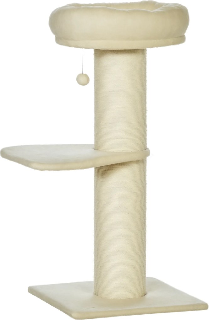 Arranhador para gatos com arranhador de sisal natural, 2 plataformas, cesto de observação, brinquedo com bola suspensa e peluche bege