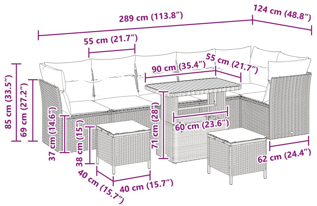Conjunto de Sofás de Jardim vidaXL para 9 Pessoas com Almofadas Bege R